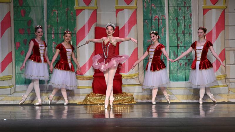 The Sugar Plum Fairy, played by Bella Petka, dances for Clara with her Ladies in Waiting, played by (l-r) Jorja Truitt, Amelia DiPaolo, Emma Randazzo and Natalie Roch Dornisch.