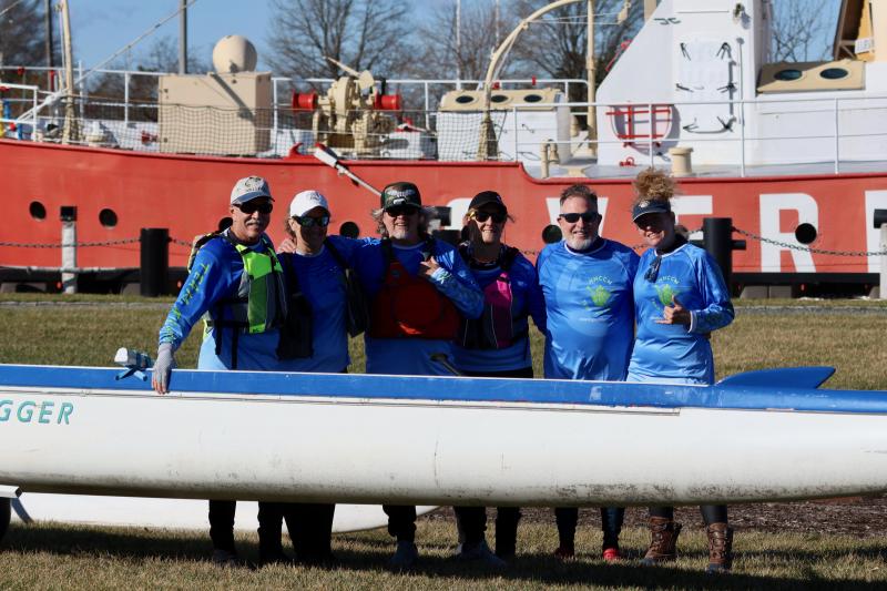 Members of the New Hope Canoe Club Ministry Team Atlantic who paddled in the outrigger Dec. 30 are (l-r) Ed Holmes, Amy Reese, Thomas David Archino, Donna Holmes, coach David Schofield and Michelle Schofield.