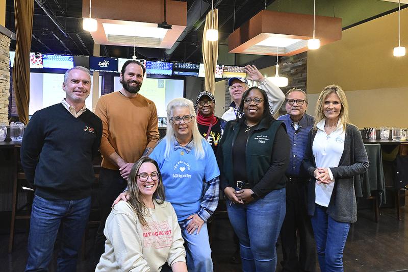 Celebrating Giving Tuesday at Lefty’s Alley & Eats are (l-r) D.J. Hill, founder and owner of Lefty’s; Keith Bosco, director of operations with Community Integrated Services; Leah Beach, founder of the Developing Artist Collaboration; Connie Zakszeski, vice president of Duffle Bags & More; Brenda Milburn, one of the founders of the West Rehoboth Children & Youth Program; Jim Martin, director of Shepherd’s Office; Delinda Deshields, one of the founders of the West Rehoboth Children & Youth Program; Lawrence Bivens, board president of the Milton Food Pantry; and Suzanne Thurman, executive director of the MERR Institute. TED PFIRRMANN PHOTOS