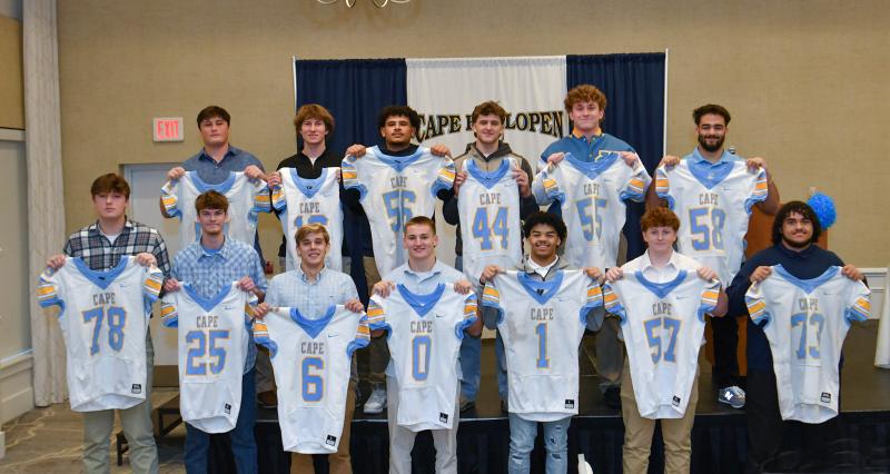 Cape seniors were presented with their 2024 jerseys from the Cape Football Booster Club. Shown in back are (l-r) David Schulze, Brendan Staggs, Gawain Curtis, Zane Coulbourne, Bodie Frederick and Daniel Bila. In front are James Truitt, Colby Jester, Trent Kauffman, Tanner Wyshock, Jayden Messick, Blake Frye and Tyler Cohen-Kreis. DAN COOK PHOTOS