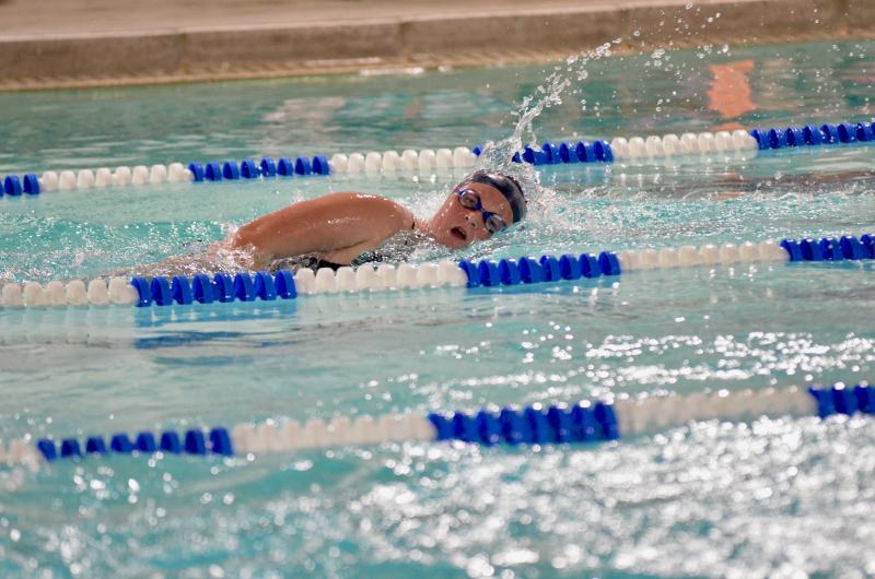 Sussex Academy eighth-grader Kendall Rhodes sets the tone in the longest event of the meet, the 500 freestyle.