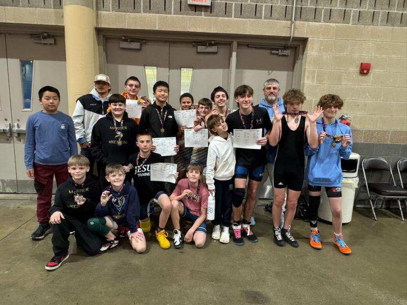 Competing as Cape Takedown Club during the Junior War on the Shore wrestling tournament held at the Ocean City Convention Center Jan. 5, 14 wrestlers from Mariner Middle and H.O. Brittingham Elementary placed in the novice division, with three moving on to place in the advanced division. SUBMITTED PHOTOS