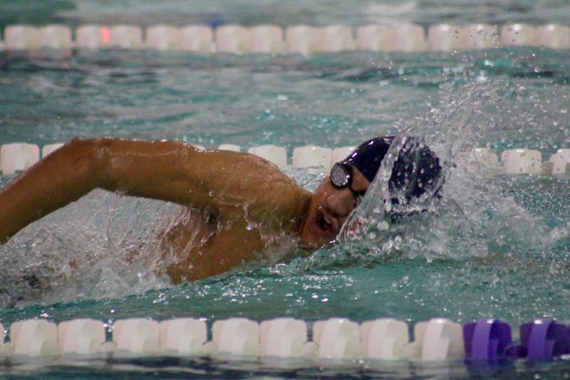 Sussex Academy’s Christian Wright swims his leg of the 400 relay last year. Wright suffered two collapsed lungs in October due to a condition called pneumothorax. After thinking he would never swim again, the junior has shaved off millisecond after millisecond in his return to form to start the year. AARON R. MUSHRUSH PHOTOS