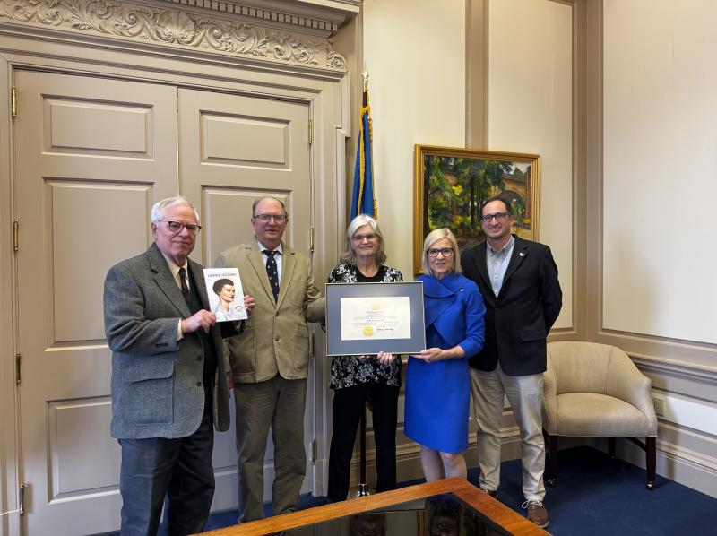 In attendance for the presentation are (l-r) Dick Carter, Delaware Heritage Commission chair; Kim Brittingham, Hazel Brittingham’s son; Sue Brittingham, Hazel’s daughter in law; Gov. Bethany Hall-Long; and Mike DiPaolo, former Lewes Historical Society executive director and close friend of Hazel. SUBMITTED PHOTO