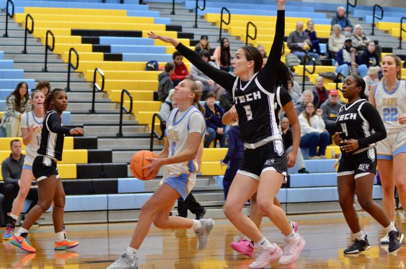Vikings freshman Mikaela Gordon, shown trying to avoid Leah Basar, helped jump-start Cape with seven first-quarter points.