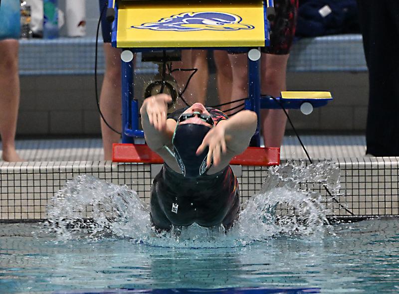 Sussex Academy’s Victoria Evans starts off the Seahawks’ medley relay team. She and teammates Gretchen Maughan, Anna Mumford and Addison McKay took sixth place with a time of 1:53.93.