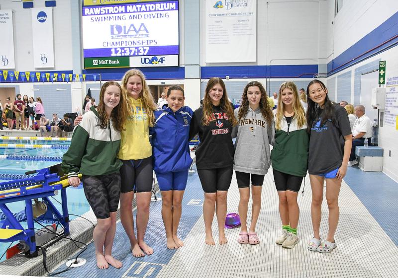 The girls’ Academic All-American team is (l-r) Peyton Salvatore, Mount Pleasant; Jenna Reinhold, Cape; Leah Norton, Brandywine; Saryn McCullough, Newark Charter; Madison Davis, Newark High; Charlotte Rasmussen, Tower Hill; and Cailyn Pan, Charter School of Wilmington.