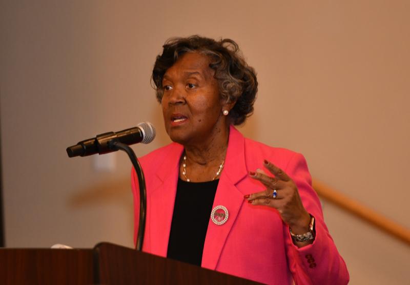 Guest speaker Wilhelmina Douglas Stevenson, a 34-year administrative judge in the Merit Systems Protection Board’s Northeast Regional Office in Philadelphia, speaks about her life and career.