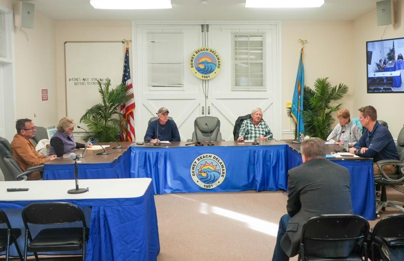 The Dewey Beach Infrastructure Committee discusses flood mitigation projects at its Jan. 30 meeting at the Dewey Lifesaving Station. Shown are (l-r) are Commissioner David Jasinski, committee members Cindy Souza, Drew Martin, Phil Winkler and Marty Tarr, and Town Manager Bill Zolper. ELLEN MCINTYRE PHOTO