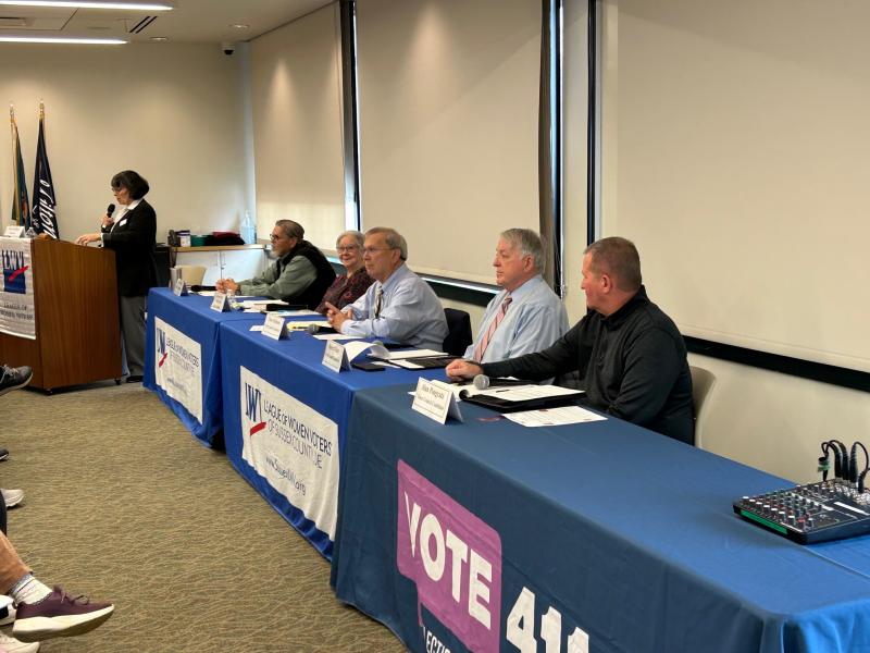 The League of Women Voters of Sussex County held a candidates forum Feb. 15, for the five candidates in the upcoming Milton election. Taking part in the forum are (l-r) moderator Fern Goodhart, mayoral candidate John Collier, mayoral candidate Lee Revis-Plank, council candidate Tom Arkinson, council candidate Robert Gray and council candidate Alan Pongratz. RYAN MAVITY PHOTO