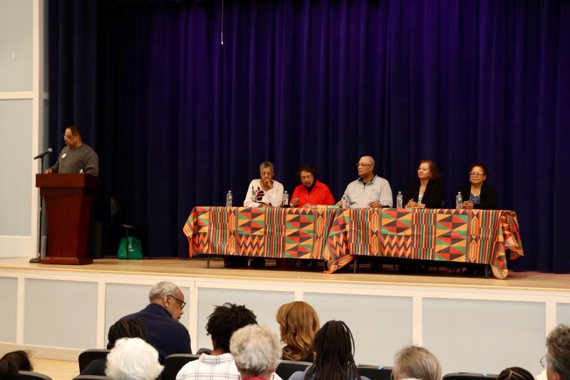 Darryl Daisey, left, moderates the Integrating Lewes Public Schools Black History Month event Feb. 22 at Lewes Elementary School. The panelists spoke about their experiences being the first African Americans in Lewes schools. Shown are (l-r) Gloria Allen Harmon, Wendy Allen Hanner, Jimmy Allen, Sarah Daisey Minor and Deborah Daisy Street. BILL SHULL PHOTOS