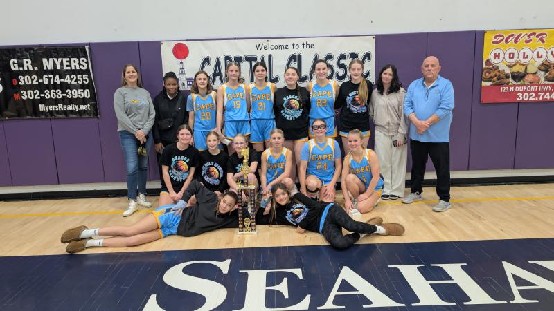The Beacon Middle School girls’ basketball team wrapped up its 8-4 season with a 15-8 win over Caravel Academy Feb. 15 to win the Capital Classic Hollywood Diner bracket. Shown in back are (l-r) Allison Cabello, Kendall Deshields, Kenzie Kupa, Aaliyah Fruchtman, Adryana Savage, Abby Dolan, Maggie May, Clover Webb, Arianna Widmer and Paul Weisengoff. Middle row is Emma Rowley, Emily Hilton, Claire Cunningham, Kelly Neustadter, London Steigerwalt and Anna Neustadter. In front are Addie Wilson and Carlee Cabello. AARON R. MUSHRUSH PHOTOS