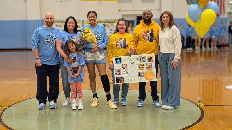 Cape senior Havyn Greene is announced with her parents, stepmom and sister. Shown in back are (l-r) Pat Woods, Ashley Soto, Havyn Greene, Karen Greene, Isaiah Greene and Carlin Quinn. In front is Demi Soto. Havyn gave a big shout-out to her dad, who got her into the game and taught her how to play.