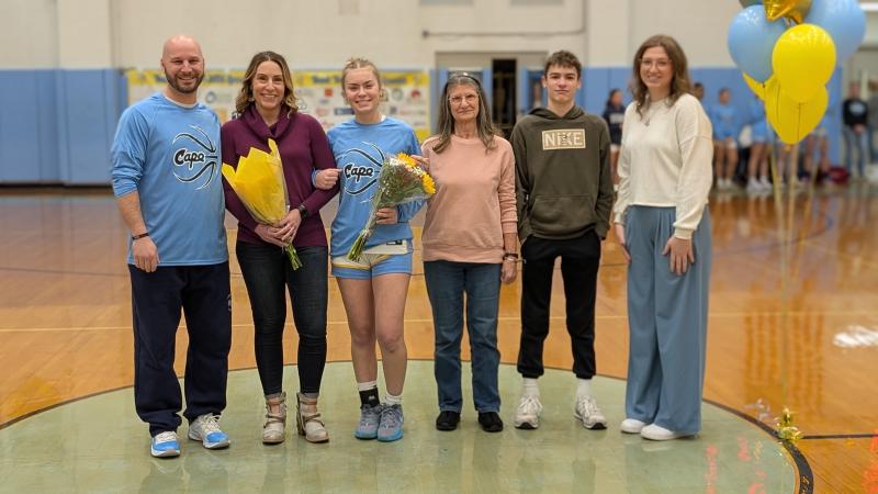 Cape senior Faith Re’s Senior Night was a bit different because her dad was coaching the boys in Milford at the same time, but she was quick to point out how supportive he has been throughout her career. Shown are (l-r) Pat Woods, Kelly Re, Faith Re, Kathleen Palmer, Nathan Re and Carlin Quinn.