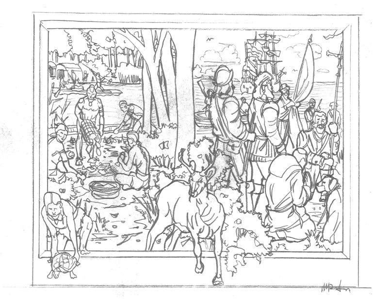 The final sketch of the mural for the left-hand side of the Rollins Center facing Kings Highway in Lewes. It features Native Americans before the arrival of European settlers, including the Dutch in 1631. Artist Michael Rosato will paint the mural in his studio and attach it to the building. SUBMITTED ARTWORK