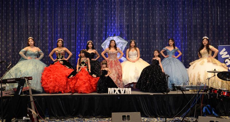 A curtain call for the beautiful gowns at the quinceañera. Shown are (l-r) Scarlett González, Michelle López Zamora, Sophia López, Jennelly Meraz, Naomi Cielo Navarrete Castrejón, Annia Córdoba, Alexia López, Mia Martínez-Lara, Litzy Lainez and Yareli González-Santizo.