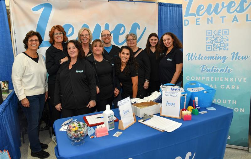 Lewes Dental is represented by (l-r) Dr. Jamie Green, Practice Manager Dawn Wilson, Cara Schmidt, Suzanne Pires, Amber Webb, Dr. Greg Hughes, Ivana Mendoza, Andrea Burgess, Samantha Mosley and Mally Small.