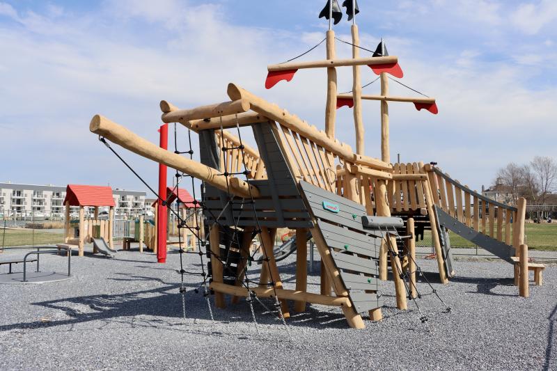 The new playground in Canalfront Park in Lewes is looking ship-shape in this March 20 photo. The sailing ship, centerpiece of the play area, and the rest of the equipment is installed. The contractor will pour the safety surface when the temperature remains above 50 degrees for seven straight days.
BILL SHULL PHOTO