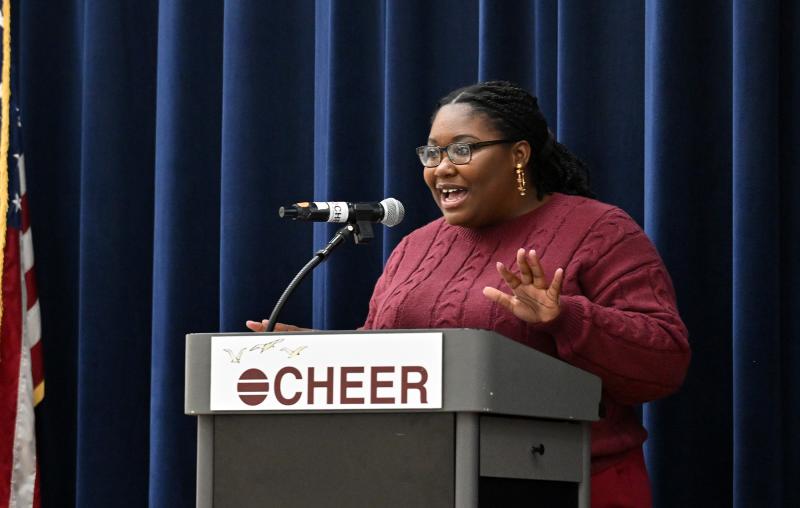 Keda Dorisca, Pathways to Success program coordinator at Seaford, introduces Pathways to Success founder and Executive Director Fay Blake.