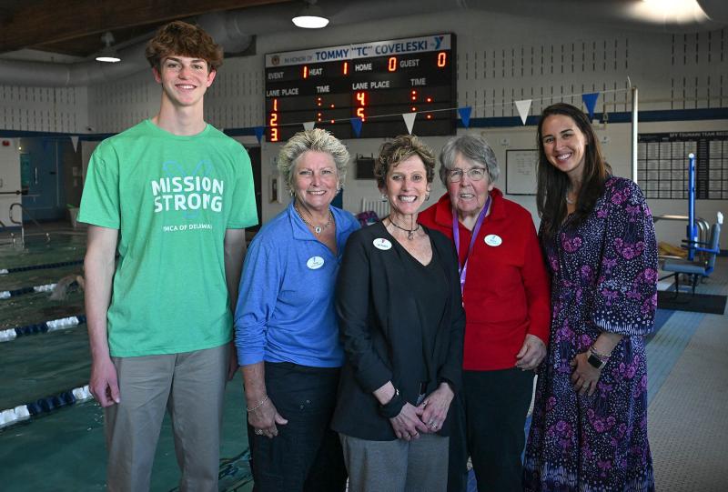 Family members, YMCA board members and friends of the YMCA gathered for the dedication. Shown are (l-r) Brady Schell, YMCA board member Tina Maddox, YMCA of Delaware Community Vice President LoriKay Paden, YMCA board member Mary Bruno and Kristen Canatelli-Coveleski.