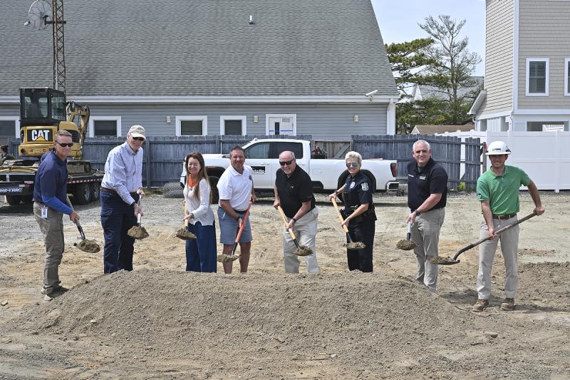 Ceremoniously breaking ground on the new Dewey Beach Town Hall are (l-r) Bill Zolper, town manager; Gary Persinger, commissioner; Elisabeth Gibbings, commissioner; Bill Stevens, mayor; Paul Bauer, commissioner; Constance Speake, police chief; Jay Shine, Sussex County EMS operations manager; and Nick Costello, project superintendent for Costello Construction. TED PFIRRMANN PHOTOS
