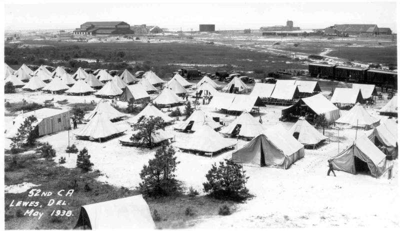 The 52nd Railway Artillery is set up for training at Camp Henlopen in 1939. Lewes’ fish factories can be seen in the background.