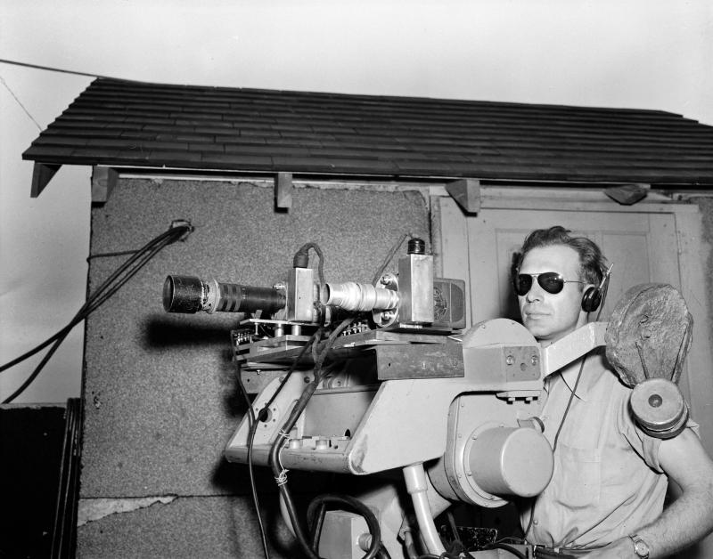 A member of the Applied Physics Lab gets ready to track a Bumblebee rocket from Tower 5 at Fort Miles in 1947.