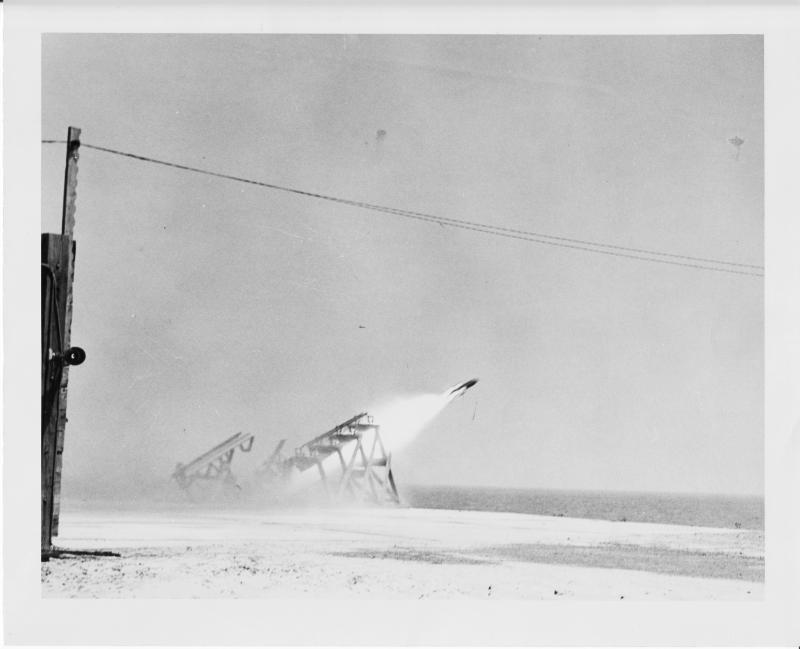 A Bumblebee rocket takes flight at Fort Miles in 1946 or 1947. Bumblebee rockets were the first U.S. weapons to use ramjets, a powerful engine that works by sucking in air and converting it to fuel.