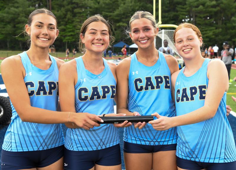 Celebrating a win in the girls’ 4-by-800 is the team of (l-r) Maile Godwin, Claudia Stazzone, Isabel Mastrangelo and Logan Crotty.