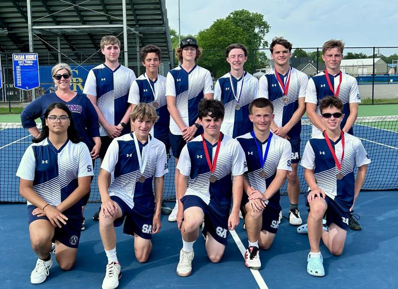 Sussex Academy won the Henlopen South at the Henlopen Athletic Conference Championships at Caesar Rodney May 12 on the strength of three second-place finishes, a third place finish and the first singles title won by captain JP Eichten. Shown in back, left to right are Lesley Eichthen, Burton Hagen, Logan Mattie, Alec Dukes, Cole Wanalista, Kieran Probert, Nathan VanPelt, Max Dadukov, Leo Benz, Charlie Bowman, JP Eichten, and Jack Feintstein. SUBMITTED PHOTO