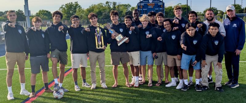 Sussex Academy boys’ soccer players received their Division II championship rings for the second year in a row, this time during the girls’ 1-1 draw with defending Division II champion Caravel Academy May 9. Shown are (l-r) Austin Taylor, Aleks Danilenko, Keenan Williams, Esteban Lara Nieto, McKenna Danahy, Aiden Villar, Andres Romero Nieto, Jesse Jean-Louis, Noah Benz, Ruendi Ortiz-Santos, Bodhi Willams, Nathan Falcone, Chase Ballinger, Jose Figueroa-Morales, Brandon Jamies, RJ Dina, Richard Velasquez-Perez and Tom O’Donnell. AARON R. MUSHRUSH PHOTOS