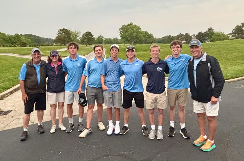 The Cape School golf team celebrates its Henlopen North title, won in a playoff against Polytech May 16 at Rehoboth Beach Country Club. The winning team comprises (l-r) assistant coaches Fritz Schranck and Lisa Hutchins, Kingston Davis, Ryan McNett, Jack Tunnell, Jacob Gabbard, Travers Johnson, Tyler Healy and head coach Bill Geppert. SUBMITTED PHOTOS