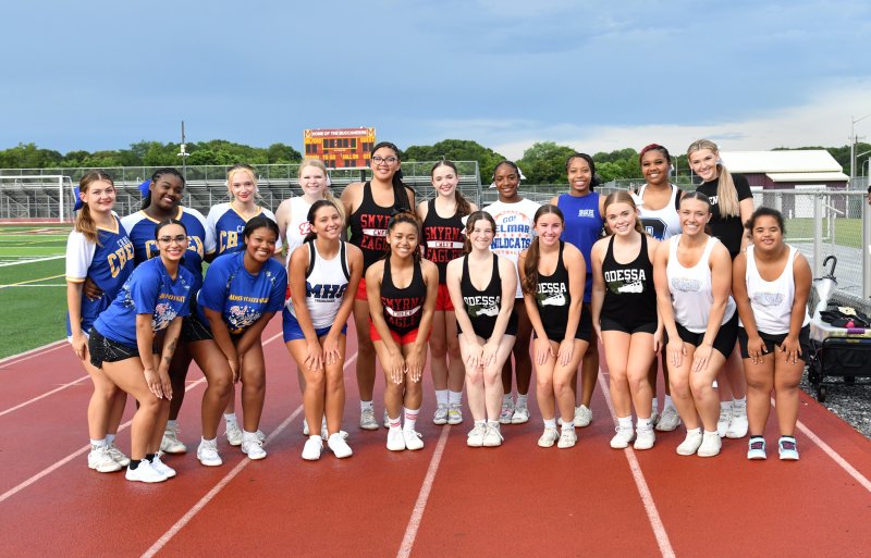 Gold team cheerleaders in back are (l-r) Alexa Dickerson (Caesar Rodney), Amberlynn Jones (CR), Mackenzi Miles (CR), Ellie Cooper (Laurel), Kali Butcher (Smryna), Alexandra Passero (Smyrna), Kya Gaines (Delmar), Janaih Thornton (St. Georges), Jordyn Bugam (Dover) and Addison Pentoney (Sussex Tech). In front are Alivia Smith (Central), Jayda Harris (Central), Ava White (Middletown), Saniya Dagley (Smyrna), Samantha Smyth (Odessa), Isabelle Lentelle (Odessa), Caraline Lawson (Odessa), Carly Favoroso (Cape) and Gabby Parillon (Cape).