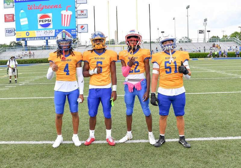 The Gold squad captains are (l-r) Emory Womack (St. Georges), Malik Bell (Sussex Central), Ta’Leel Trower (Early College) and Joey Miniconzi (Middletown).