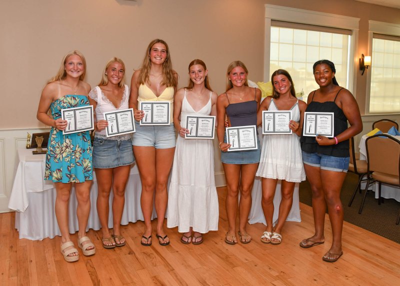 Receiving end-of-season honors are (l-r) Ava Calciano, first-team all-conference, first-team all-state and Delaware Gatorade Player of the Year for Delaware; Abby Marsh, first-team all-conference and first-team all-state; Hayden Hudson, first-team all-conference and second-team all-state; Eden Frederick, second-team all-conference; Bri Windish, second-team all-conference; Milena Buehler, second-team all-conference; and Jordynn Bowe, honorable mention all-conference. Missing from the picture is Alivia Heers, who was first-team all-conference and first-team all-state.