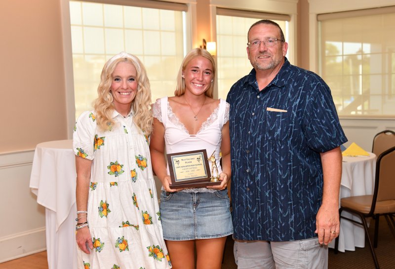 Abby Marsh receives the Team MVP Award from assistant coach Allison Sullivan, left, and coach Mike Tkach.