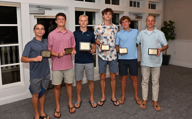 Junior varsity players garnering awards include (l-r) Pierce Conway, offensive MVP; Max Levis, Spirit Award; Max Wyshock, Team MVP; Peyton Vied, Unsung Hero; Levi Manlove, Sportsmanship Award; and Jaxon Holgerson, Defensive MVP. Missing from the picture is Diego Garcia, Most Improved.