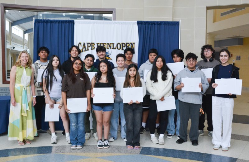 Gathered for the Delaware Certificate of Multiliteracy presentations are in back (l-r) Dr. Jessica Hazzard, Anderson Puac-Escalante, Derek Alducin-Hernandez, Alan Hernandez-Becerra, Rodney Rodriguez Escalante, Christopher Trujillo-Robledo, Elmer Sixco Hernandez and Onyx Irizarry-Fres. In the middle are Jeleinly Gutierrez-Vega, Valentin Cotoc-Ortiz, Chesany Knotts, Kimberly Ramos-Morales, Robert Mejia-Herrera and Aysha Mirzayeva. In front are Danielle Fuentes-Lopez, Sarai Vivar Lucero and Allison Cruz-Delgado. Not pictured is Diego Preda-Garcia. SUBMITTED PHOTO