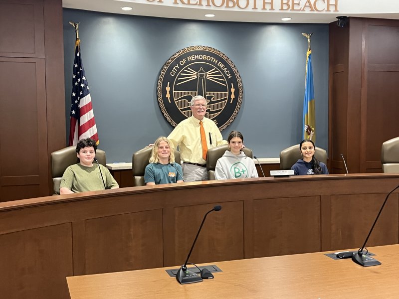 During their City of Rehoboth Beach day of service, Beacon NJHS students toured city hall and the convention center. Shown are (l-r) AJ Maggitti, Jackson Yngve, Mayor Stan Mills, Olivia Winstead and Aalya Desai.