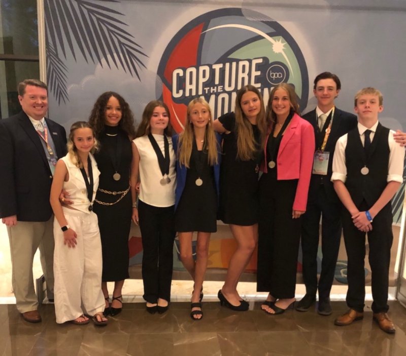 Mariner Middle School representatives at the Business Professionals of America Conference are (l-r) Dr. Daniel Shockley, business education teacher and BPA advisor, Lexi Delcampo, Sophia Winkfield, Daisy Hughes, Linley Draper, Talli Farjon, Bianca Booth, Jude Pressler and Ethan Schirmer. SUBMITTED PHOTOS