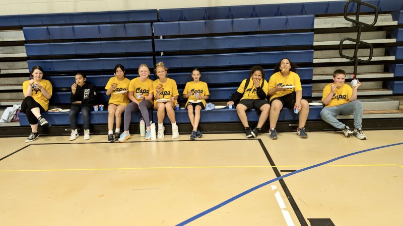 Fred Thomas players refuel with some pizza and ice cream. Shown are (l-r) Sarah Roseman, Deja Brittingham, Kerlin Perez-Robiero, Brynn Evick, Sophia Ruffcorn, Sophia Connelly, Stephon Walters, Jai’Shawn Walters and Sean Hykes.