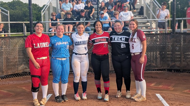 Home-run derby participants are (l-r) Bailey Ullman, Alivia Heers, Carah Sumpter, Cimone Edge, Hayley Lawson and Zayda Rocke.