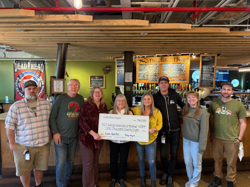 The Frantic Music Project presented a check to Wormann Family family members in support of the Warren Wormann, Jr. Memorial Scholarship Fund. Check presentation attendees shown are Lars Ryan, Dogfish; Al and Mary “Frantic” Knight; Gerry Wormann and daughter Amanda Wormann; and Tom Bastian, Alli Bagshaw, and Garrett Fooks, Dogfish co-workers. SUBMITTED PHOTO
