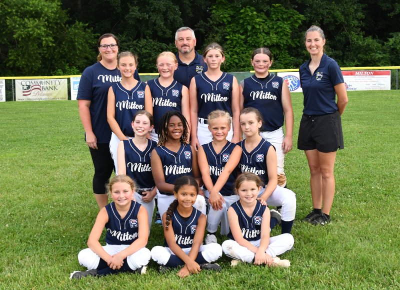 The Milton 8-10 softball team are (l-r) coaches Katie Hartstein, Tony Willey and Chrissy Dunn. In third row are Mackenzy Wunderlich, Hannah Hartstein, Maddie Brown and Pyper Willey. In second row are Payton Marr, Journey Watson, Kaelynn Peet and Aubrey Dukes. In front are Clara Smith, Gia Scott and Peyton Dunn. Missing coaches are Devin Scott and Jen Willey.