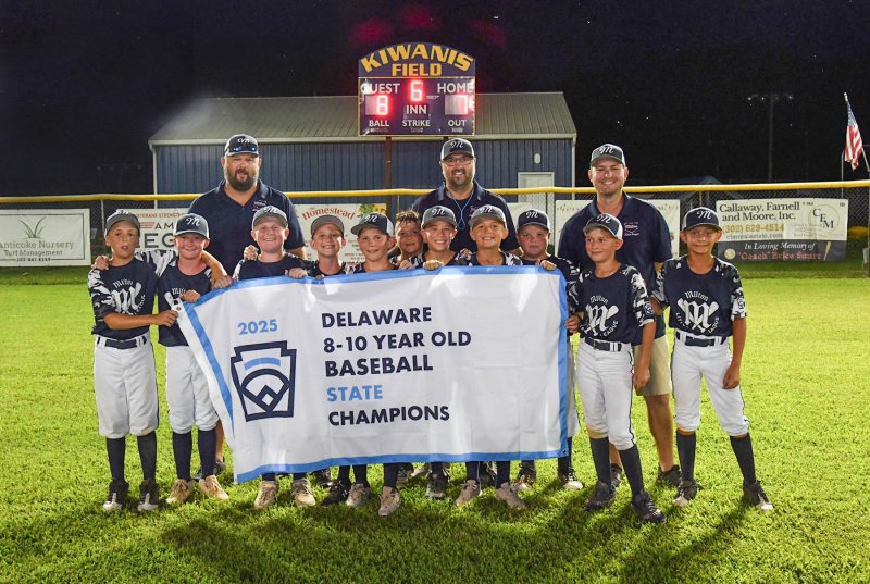 The Delaware 8-10 all-stars in back are (l-r) coach Jordan Reynolds, manager Bobby Delacy and coach Drew Libby. In front are Wyatt Dean, Jacob Reynolds, Krew Johnson, Michael Sockriter, Bryce Delacy, Jace Delacy, Jaxon Kulp, Henry hill, Brock Davis, Hudson Libby and Roman Schlezes.