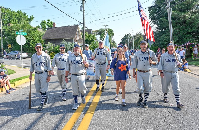 Members of the Lewes Base Ball Club take part in the annual Doo-Dah Parade. Shown are (l-r) Mike Dowd, Alex Langley, Eric Watland, Russ Huxtable, Amelia DiPaolo, Mike DiPaolo and Mark Evans.