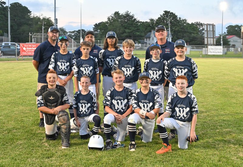 The Milton major league all-stars are coached by in back (l-r) Pete Czepiel, Mike Nelson and Andy Hartstein. Players in middle are Brodie Deas, Pierce Czepiel, Leo Swatski, Nole Beam, Beau Mears and Brody Snyder. In front are Dominic Nelson, Reid Duncan, Hudson Hartstein, Brody Pegelow and Ronan Lotter. DAN COOK PHOTOS