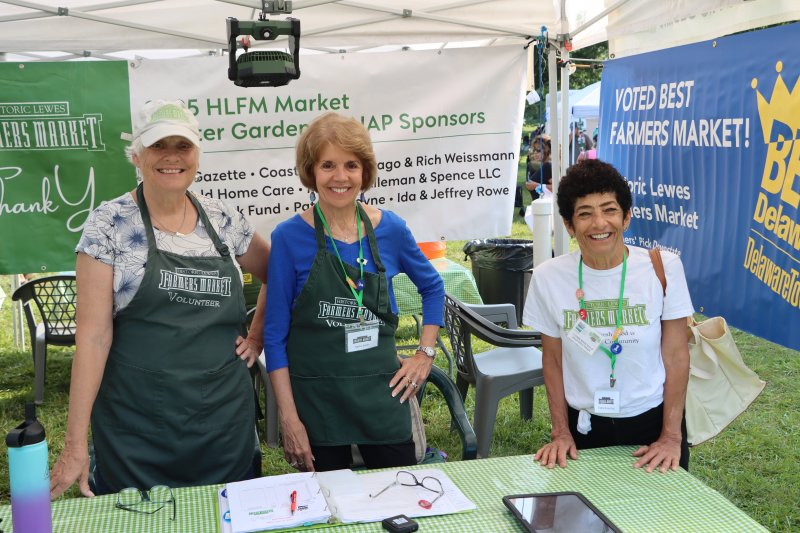 HLFM participates in the SNAP benefits program, the only market in Sussex County that does. Shown are (l-r) Cynthia Campbell, Kathy Keller and Cathie Rosenfeld, all HLFM SNAP volunteers.