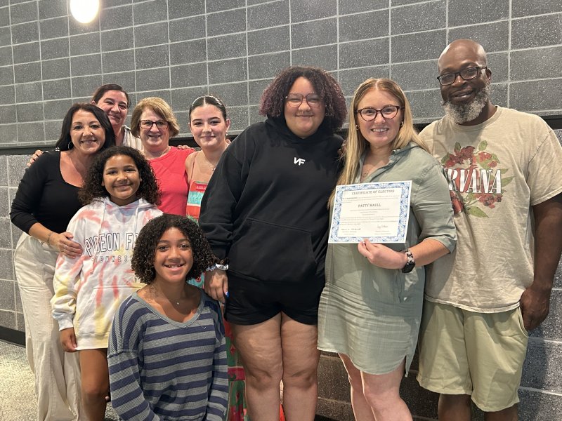 Patty Maull is joined by her family at her Cape school board swearing-in ceremony July 10 at Frederick Thomas Middle School. In back (l-r) are Sarah Kimmel, Veronica Kimmel and Madison Kimmel. In the middle are Marie Lambert, Natalia Mansfield, Victoria Maull, Patty Maull and Donte Maull. Kneeling in front is Gabriella Mansfield. SUBMITTED PHOTOS