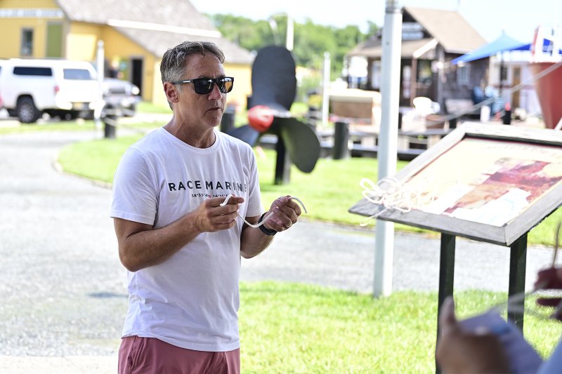 Heath Gehrke, director of operations for the Cape May-Lewes Ferry, tells a story of how he most likely rowed the historic Monomoy lifesaving boat that the foundation has on display when it was used to train cadets at the Merchant Marine Academy.